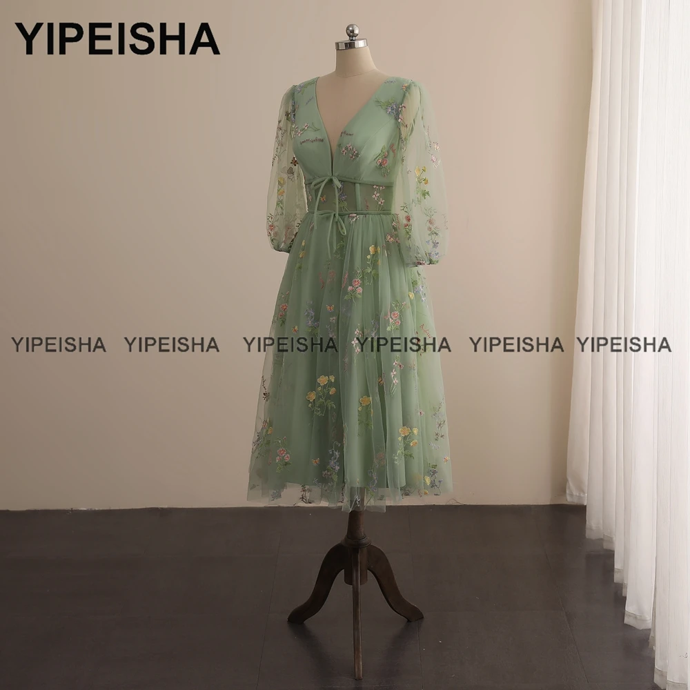 Yipeisha hortelã verde renda vestidos de baile fotos reais com decote em v chá comprimento vestido de festa com mangas a linha vestido de cocktail curto