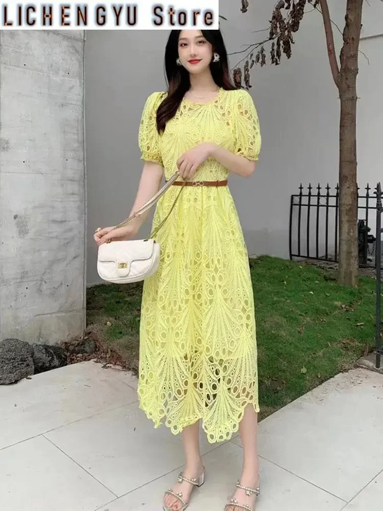 

Casual Style Lace Patchwork Hollow Out Short-sleeve With Belt High Waist Women's Dress Summer New Dresses