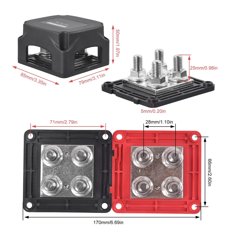 2Set 3/8' M10x8 Positive Terminal And Grounding Busbar With Cover Suitable For Marine Car RV Ship 12V-48V DC Black And Red
