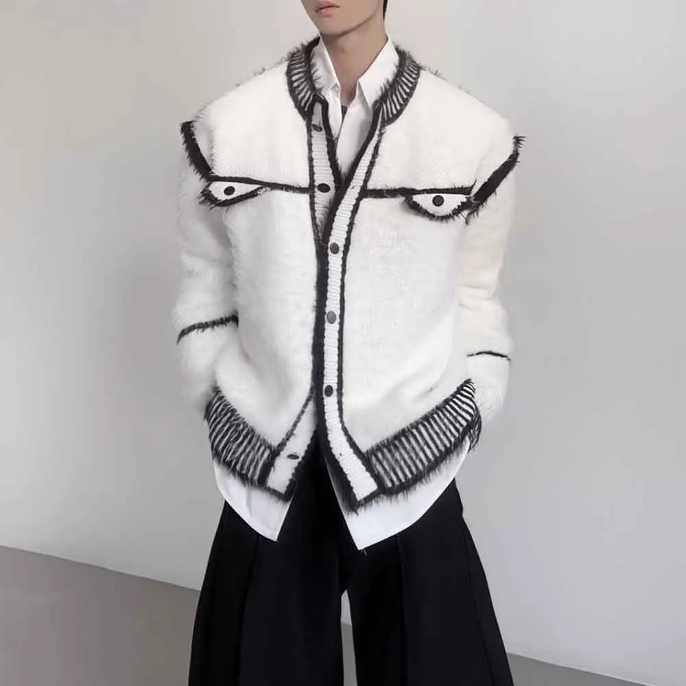 Winter New Male Color Block Long-Sleeved Cardigan Sweater American Retro Fashion Trend High Street Casual Loose Niche Men's Top