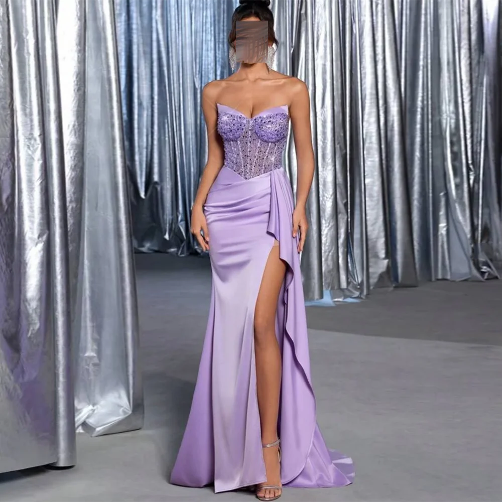 Personalizado sem alças vestidos de noite sem costas lantejoulas miçangas babados lado alta fenda sereia vestido de baile moder longo vestido de festa