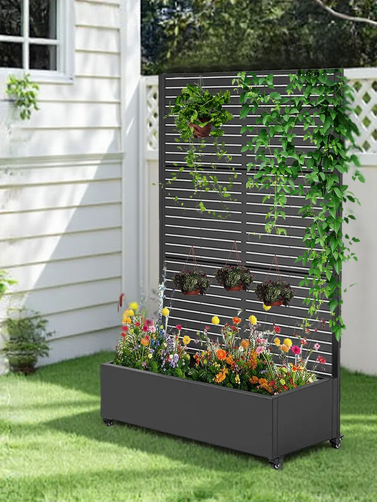 صندوق زراعة شاشة الخصوصية مع تعريشة وعجلات شبكة معدنية صندوق زراعة مرتفع مستطيل زارع صندوق مرتفع لتسلق الكروم