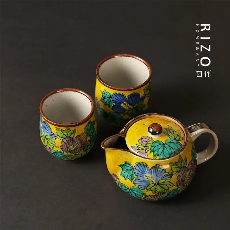 Japanese Kugaya Fied Pottey Immotal Made Yoshidaya House Hibiscus Pattened Ceamic Tea Set With Cup And Teapot