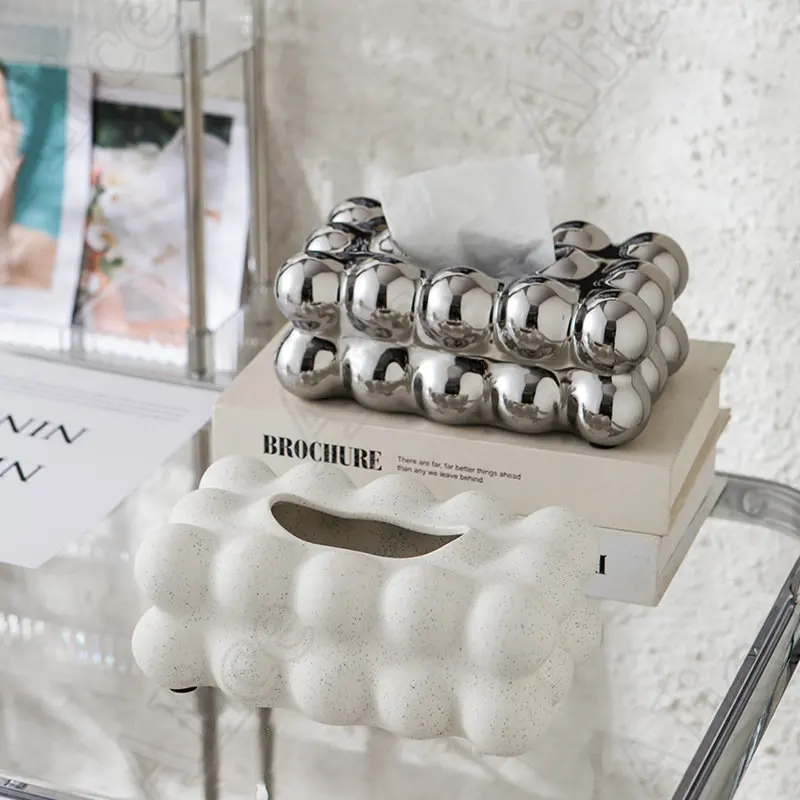 Nordic Modern Silvery Ceramic Tissue Box Creative Relief Ball Napkin Holder Dining Table Tea Table Paper Towel Storage Ornament