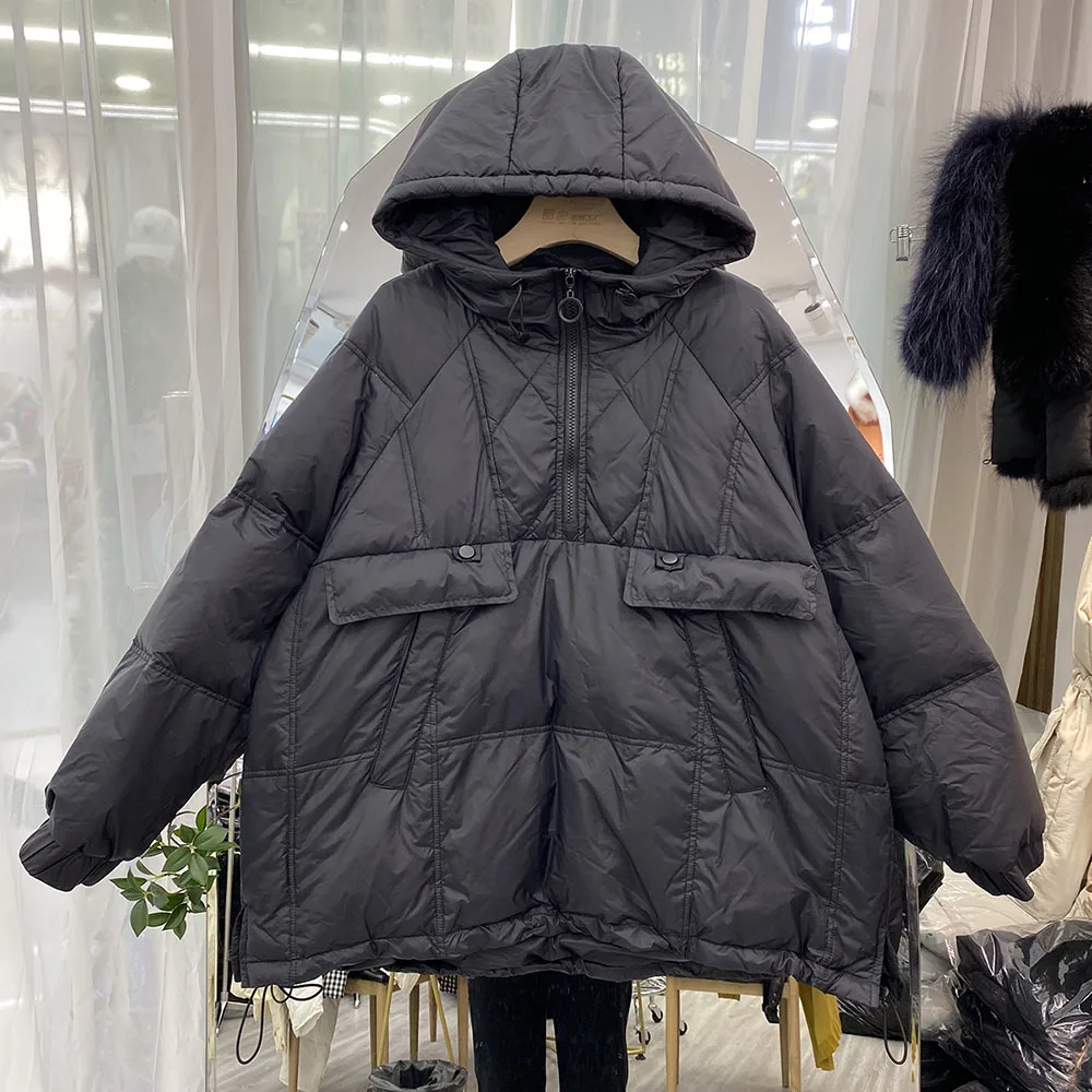 Winter Hooded Pullover Feather Jacket Women 90% White Duck Down Coat Casual Loose Parker Irregular Snow Warm Outwear