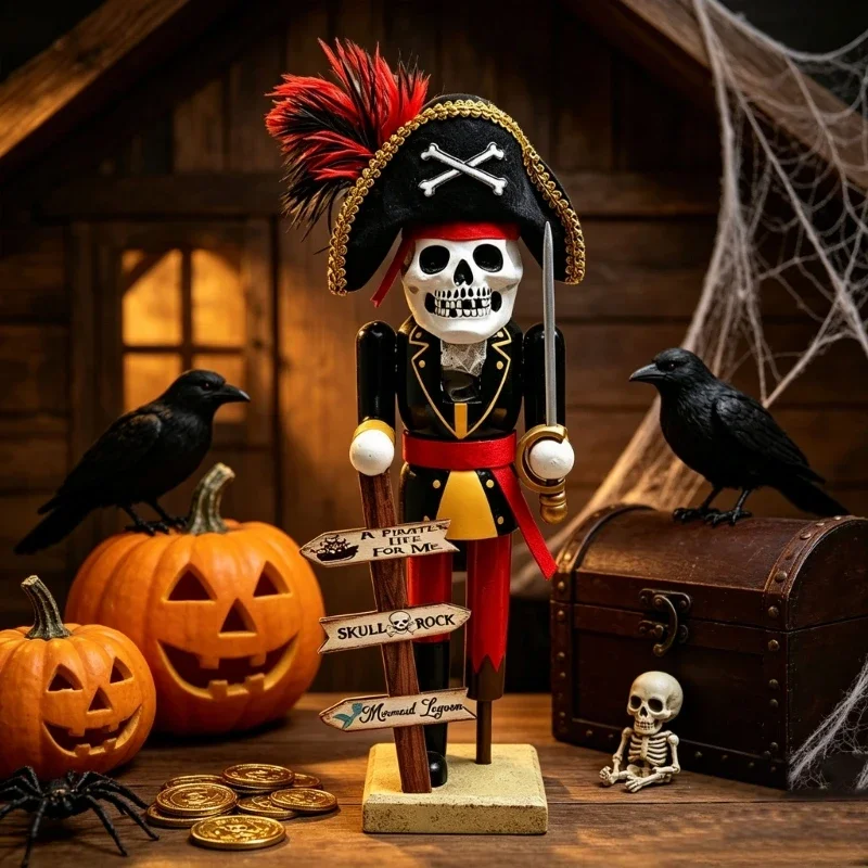 Pirate Skull Nutcrackers Figurine Wooden Halloween Desktop Decors with Freestanding Base for Mantels Shelf Entryway or Y5GB