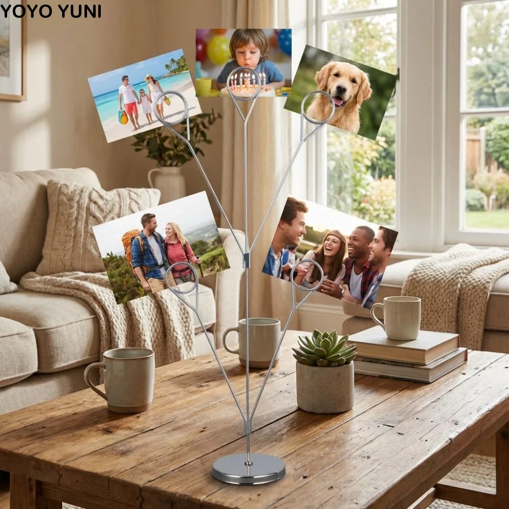 Desk Organizer 5-Branch Photo Holder Metal Round Base Metal Seat Clamp Vertical Romantic Display Stand Wedding Table