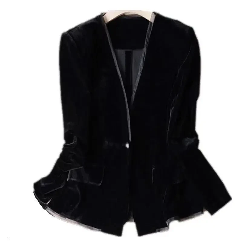 Suit Jacket Women's Autumn Suit Velvet Short Striped Velvet Top Autumn Fashion Gold Velvet Blazer 2024 New