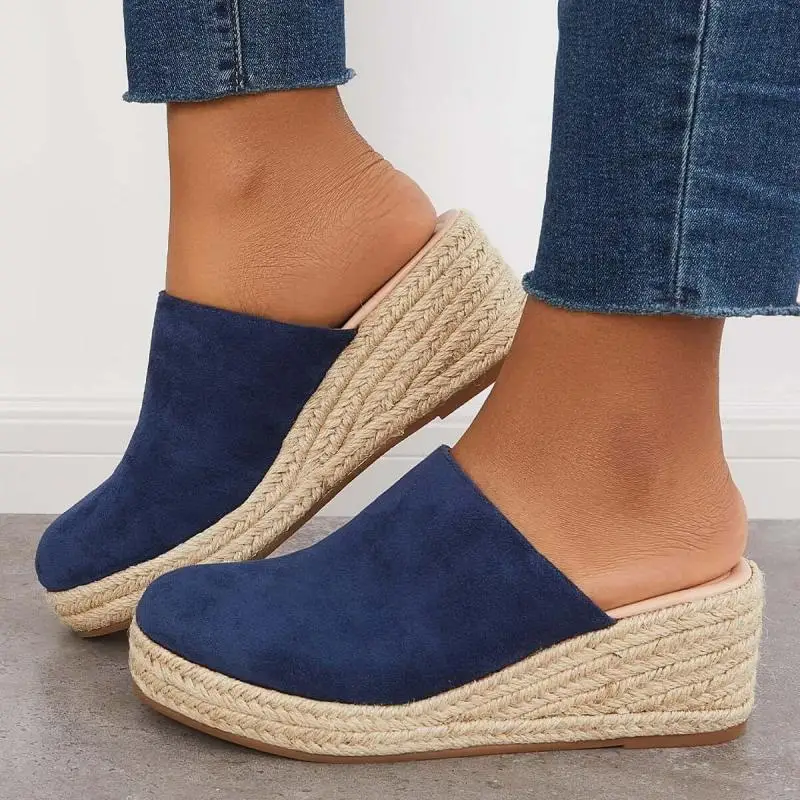 Ladies Mules Wedges Fashion Suede Closed Toe Sandals Slip On Backless Heeled Shoes for Women Summer Casual Beach Sandalias Mujer