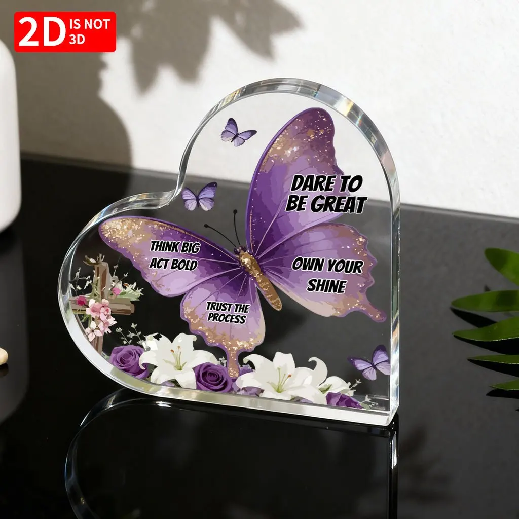 Dare To Be Great Heart‑Shaped Acrylic Plaque Purple Butterfly Floral Inspirational Desktop Decor Heart Acrylic Motivational Stand, Purple Gold Butterfly Lily Rose Cross Tabletop Encouragement Ornament