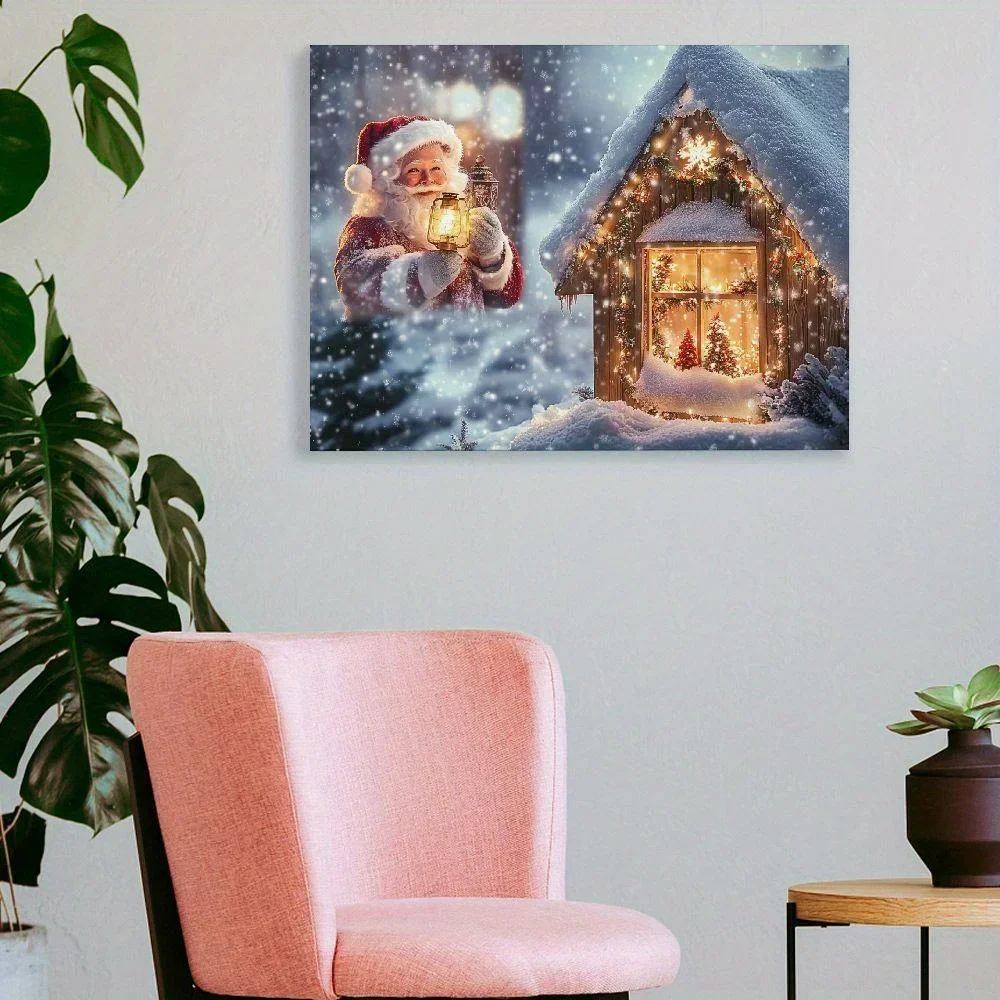 Kerstman met kerstavond geschenken canvas schilderij geschikt voor thuis slaapkamer woonkamer kantoor ingelijste huisdecoratie