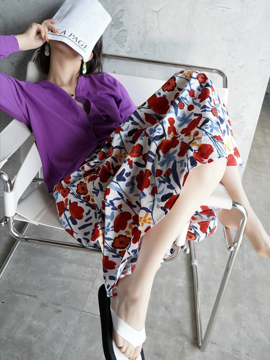 

Warmo Retro Floral Print High Waist Midi Skirt Women's Cotton Gored Skirt Spring New Design A-Line Silhouette Commute