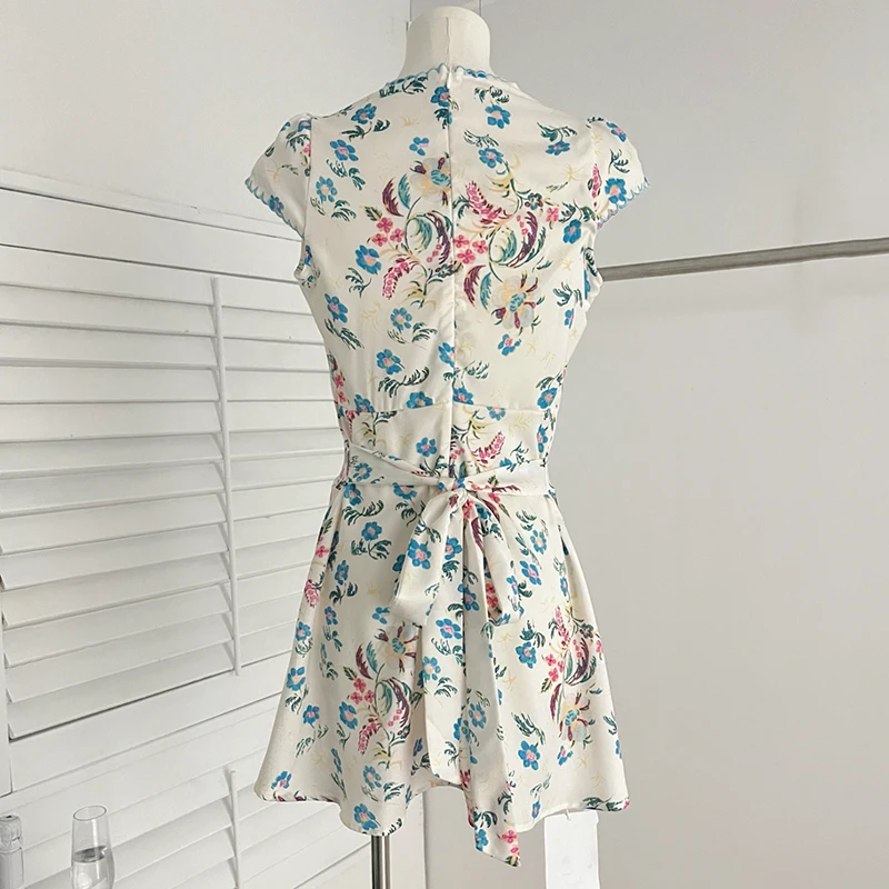 딥 V넥 우아한 A라인 드레스 여성 2025 신상 민소매 플라워 미니 드레스 여성 패션 여름 탱크 드레스