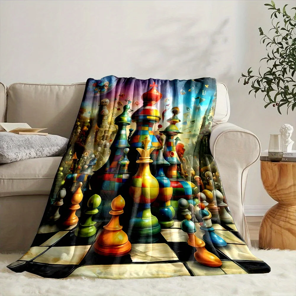 Colorful Chess Pieces Throw Blanket, Abstract Art Design, 3D Checkerboard Pattern for Home & Game Room Decor