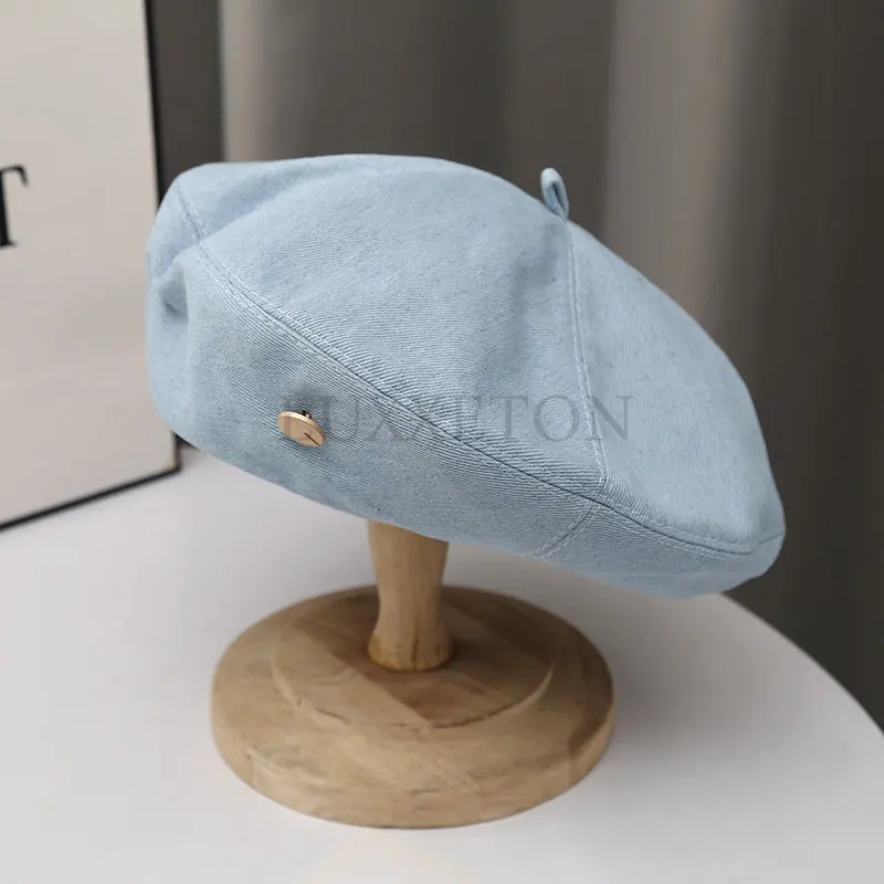 Denim Berets Hat Retro Casual Spring and Summer Shade Painter Cap Korean Alphabet Blue Beret Women\'s Hats LUXXETON