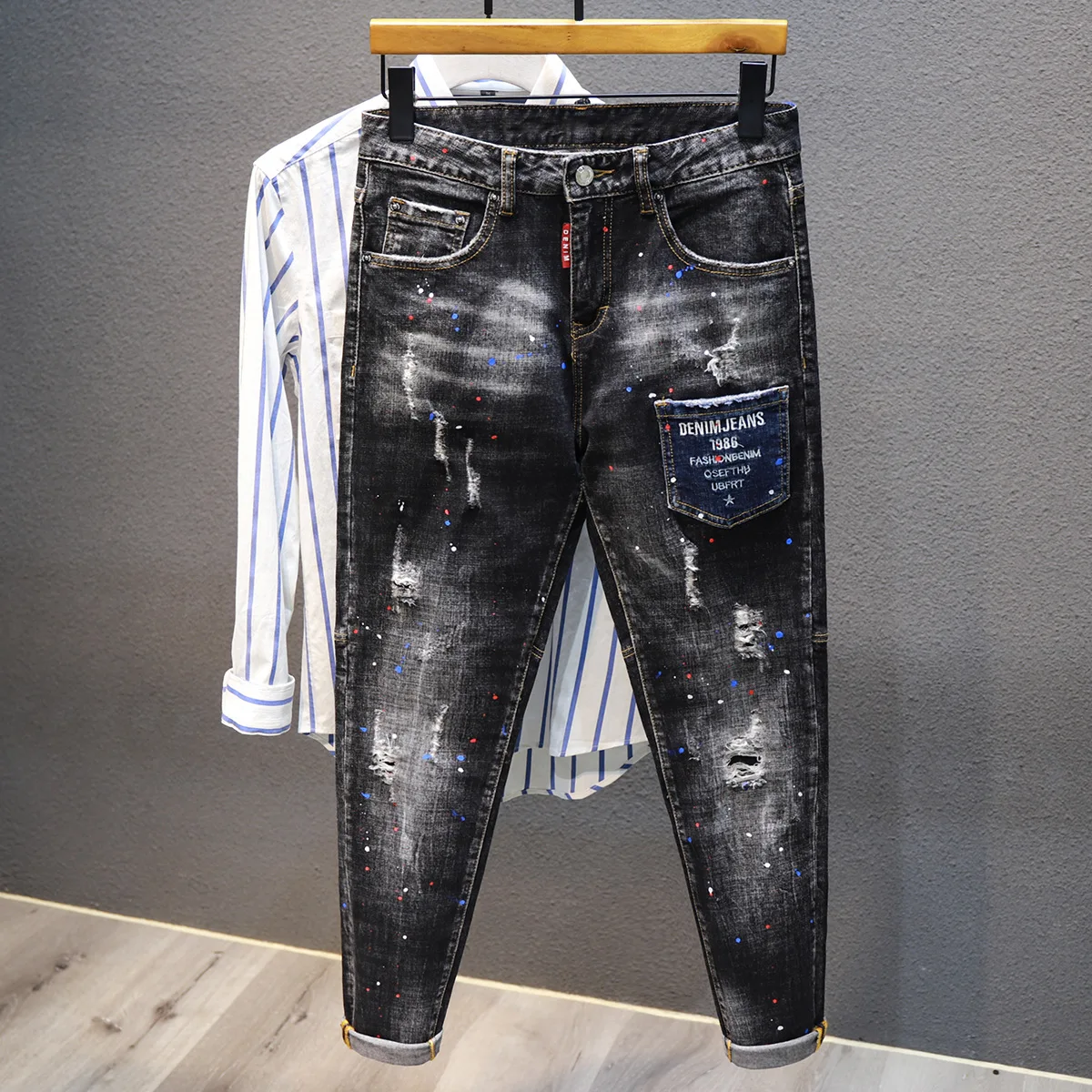 Moda uliczna jeansy męskie sprężyste jeansy typu Slim Fit z rozciętym kilka kieszeni designerskim malowanym w stylu Vintage czarno-szarym dżins wysokiej jakości Pa