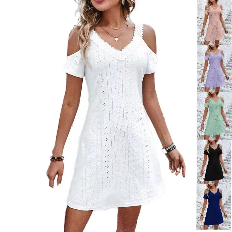 Summer Dress for Women Fashion Bare Shoulder Short Sleeve V-neck Beach Sundress Casual Camisole Sexy Dresses Hollow Out Vestidos