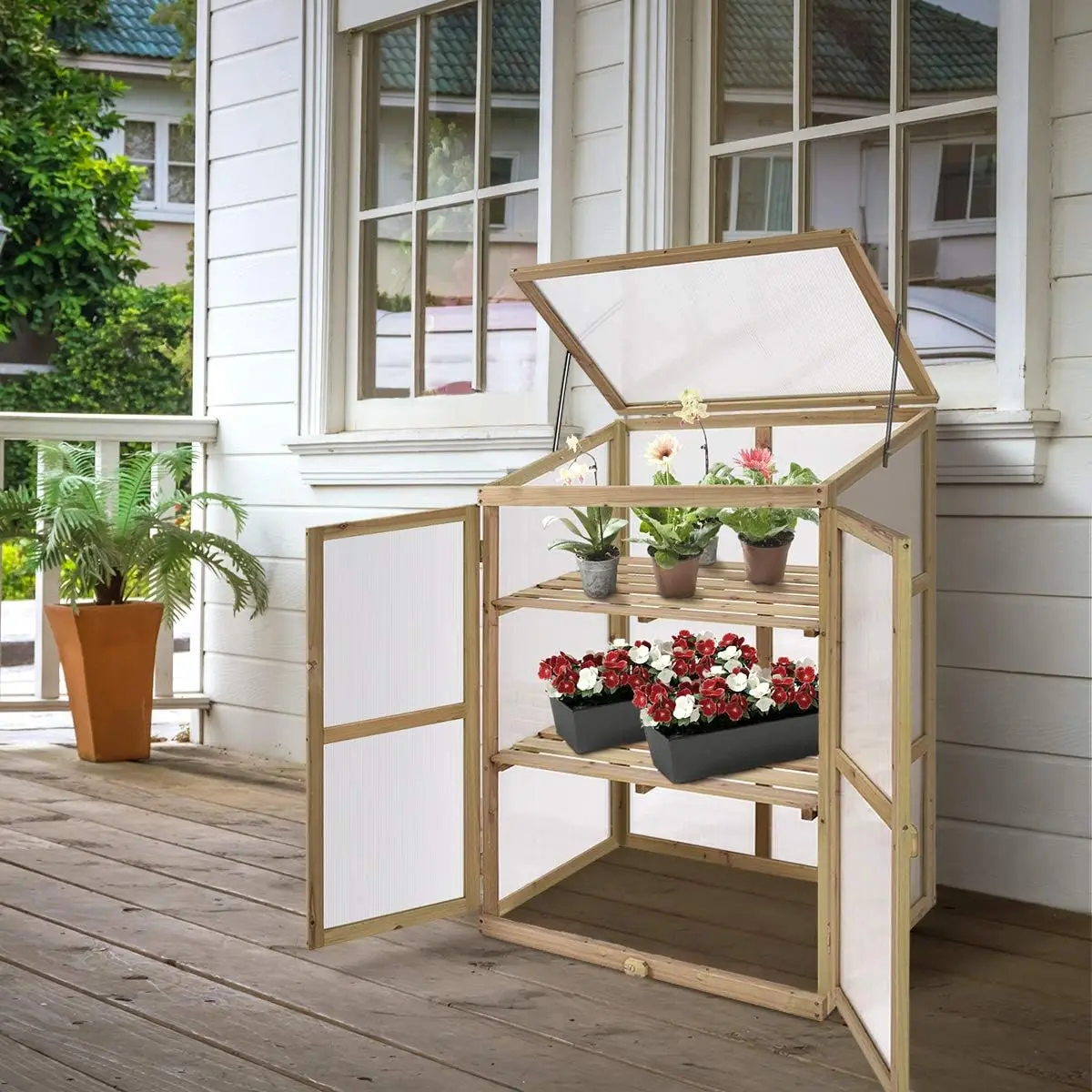 Cold Frame Greenhouse Portable Wood Mini Greenhouse w/Transparent Openable Roof Double Doors & 3 Tier Shelves Small