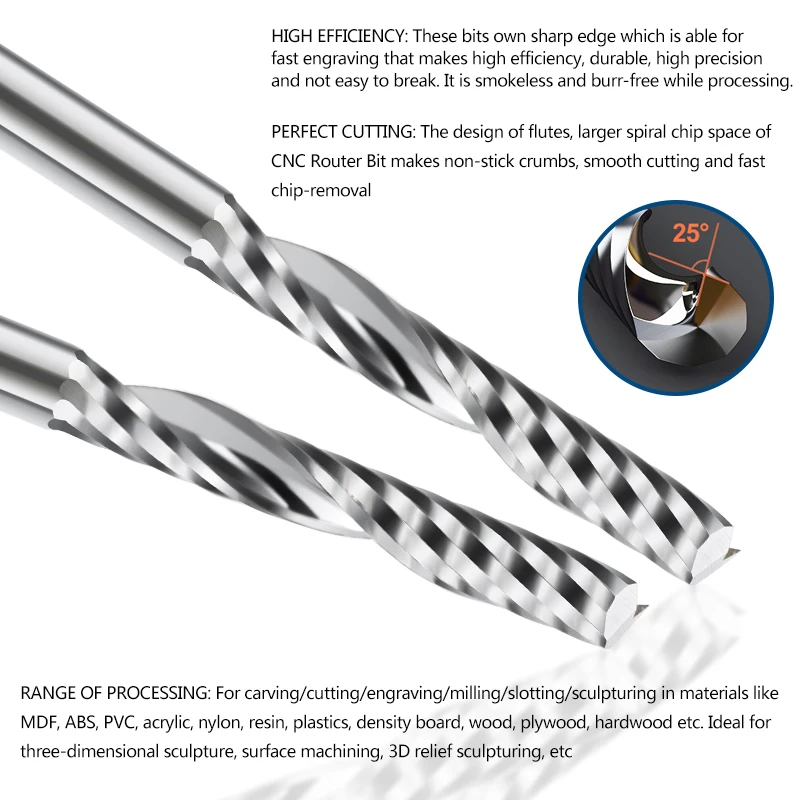 목공 엔드밀용 단일 플루트 스프릴라 라우터 비트, CNC 밀링 커터, 목재 공구, 3.175mm 생크, 1 플루트