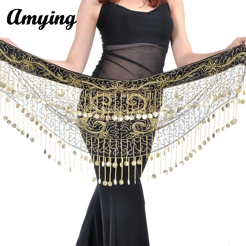 Women Belly Dance Hip Scarf 150 Four Corner Star Coin Mesh Waist Chain Belly Dance Waist Chain Dance Clothing Hip Scarf Skirt