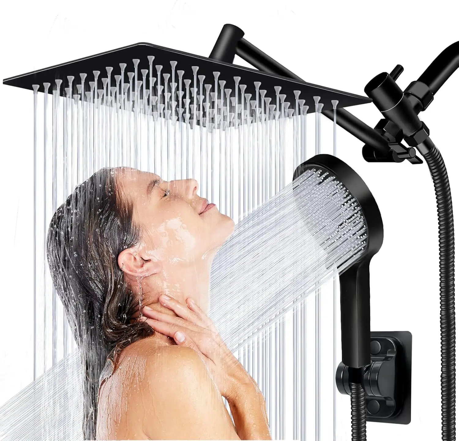 

8 Inch High Pressure Rain Shower Head with Handheld Spray and Adjustable Arm, Matte Black