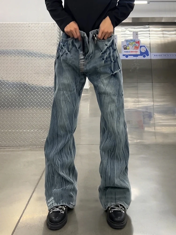 

Blue Lightning Pattern Fce Lined Slim Fit Jeans Men's Autumn Winter High Street Sle Narrow Leg Micro Flare Pants