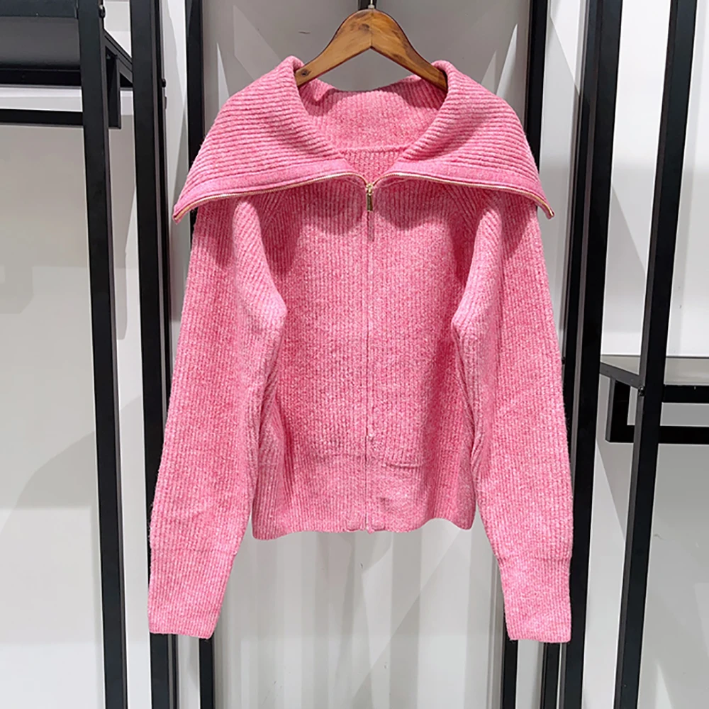 Cotton Women\'s Sweater Y2k Large Lapel Blend Shoulder Sleeve Elegant Commuter Zipper Pullover Jacket Tops 2024 Autumn New