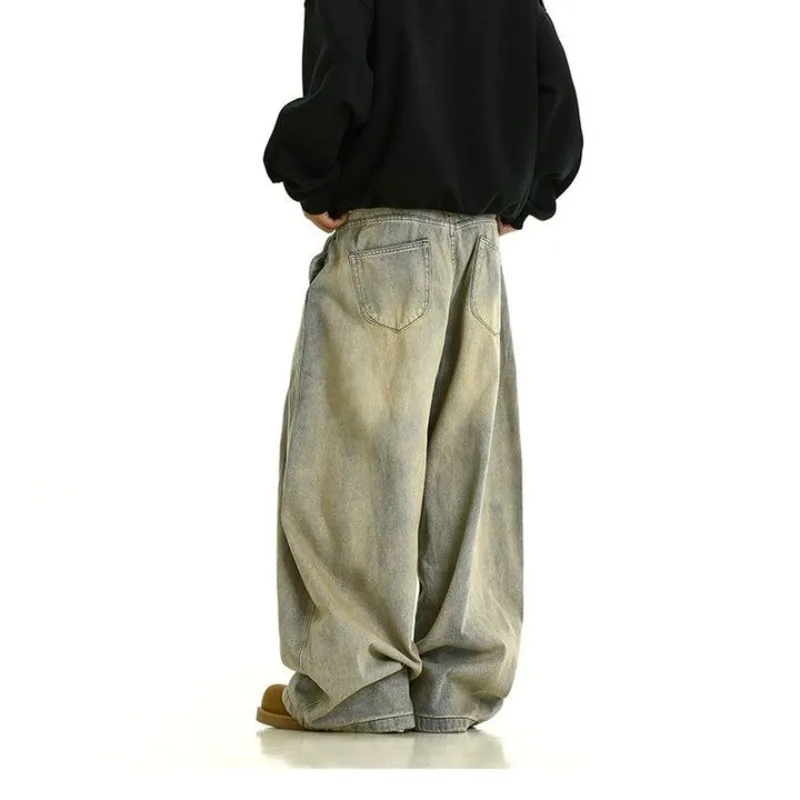 Vintage Washed Baggy Man Pants Loose Drop Crotch Denim Trousers Retro Light Blue Trendy Streetwear Men Jeans
