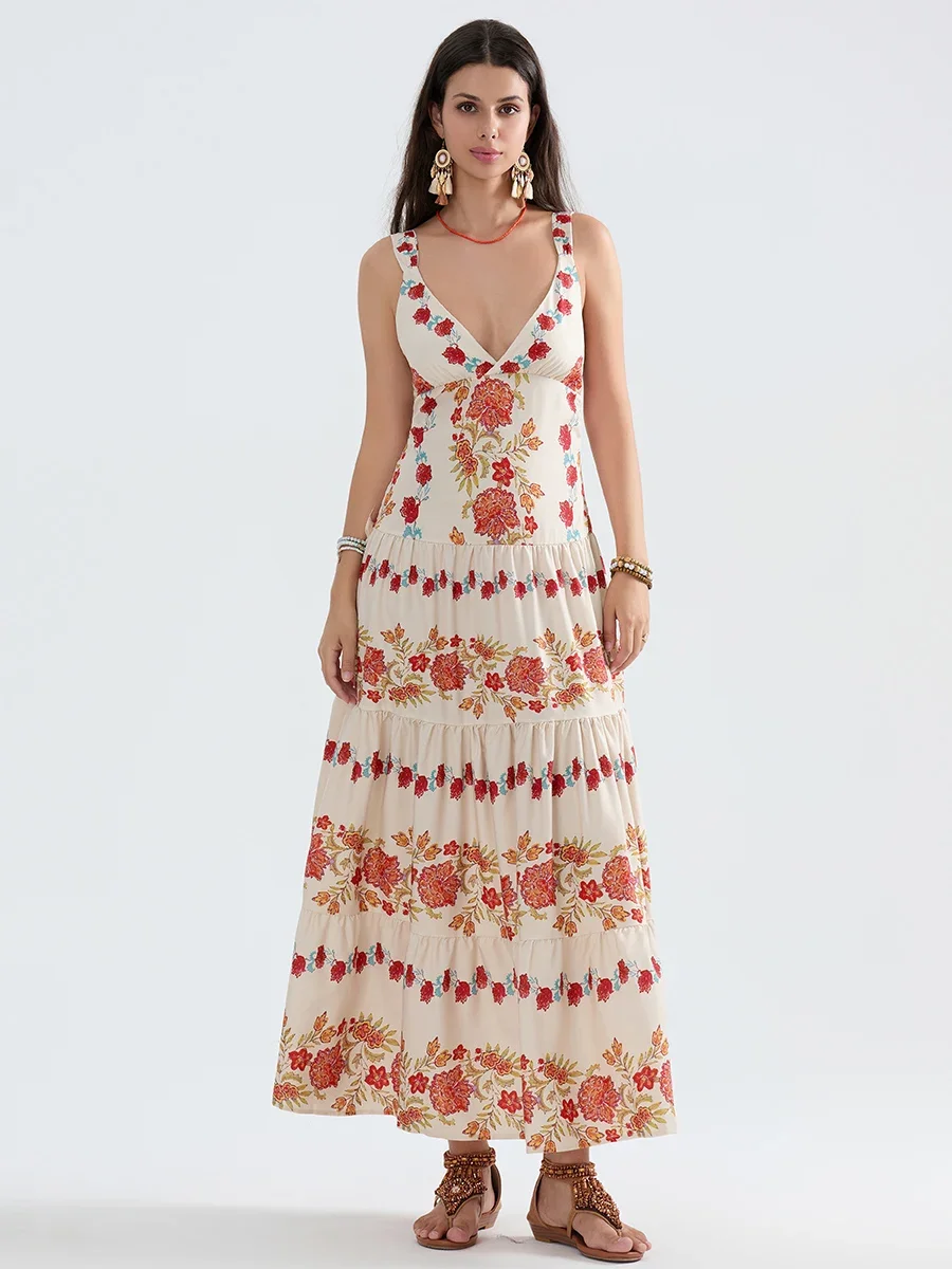 Vestido regata com estampa floral feminino, sem mangas, decote V profundo, vestido em camadas A, vestido longo e fluido, verão