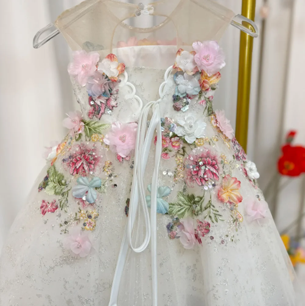 Blumenmädchenkleid mit Blumenmuster, Spitze, Blumen, ärmellos, Prinzessin, Kleinkind, Kinder, Hochzeit, 1. Geburtstag, Festzug, Partykleid
