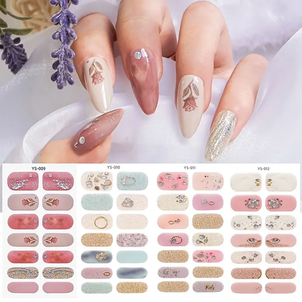 14 Strips Semi Cured Gel Nail Stickers Full Cover French Nail Art Gel Nail Polish Strips Glittering Nail Art Stickers