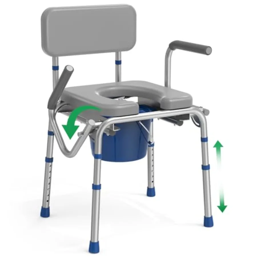 Drop Arm Bedside Commode Commode with Padded Seat and Backrest 500lbs Capacity 5.81QT Removable Bucket Adjustable Height Portab