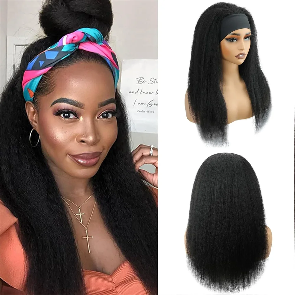 شعر مستعار غريب مستقيم الرأس للنساء السمراوات ، شعر بشري ، صنع بالماكينة ، كثافة ، ياكي ، لون طبيعي