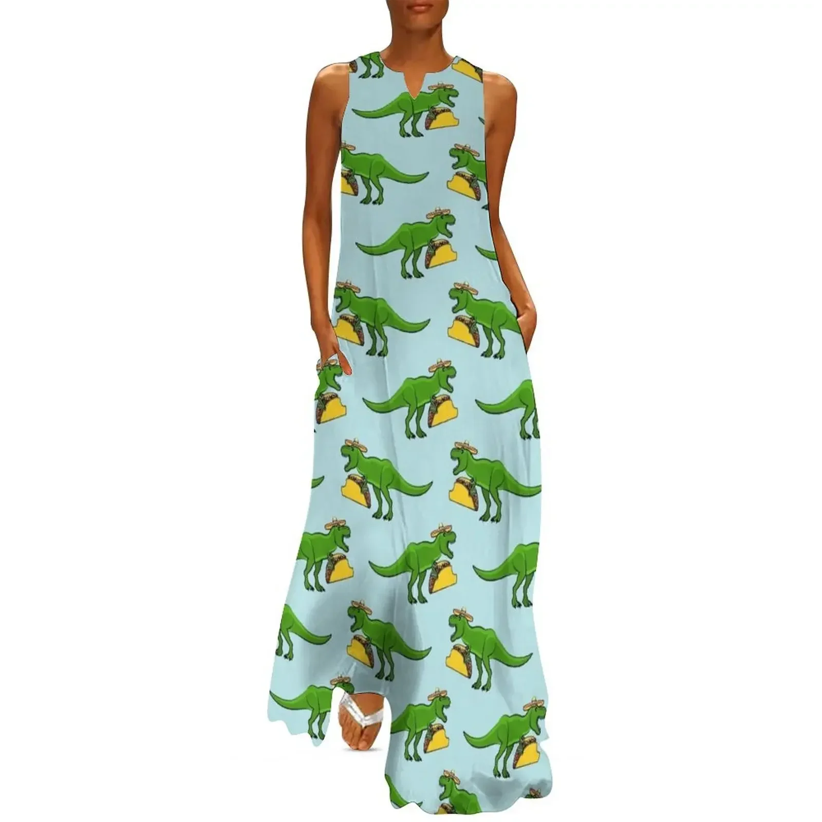 

Tyrannosaurus rex eating tacos Long Dress luxury woman party dress Women's long dress long dresses for women
