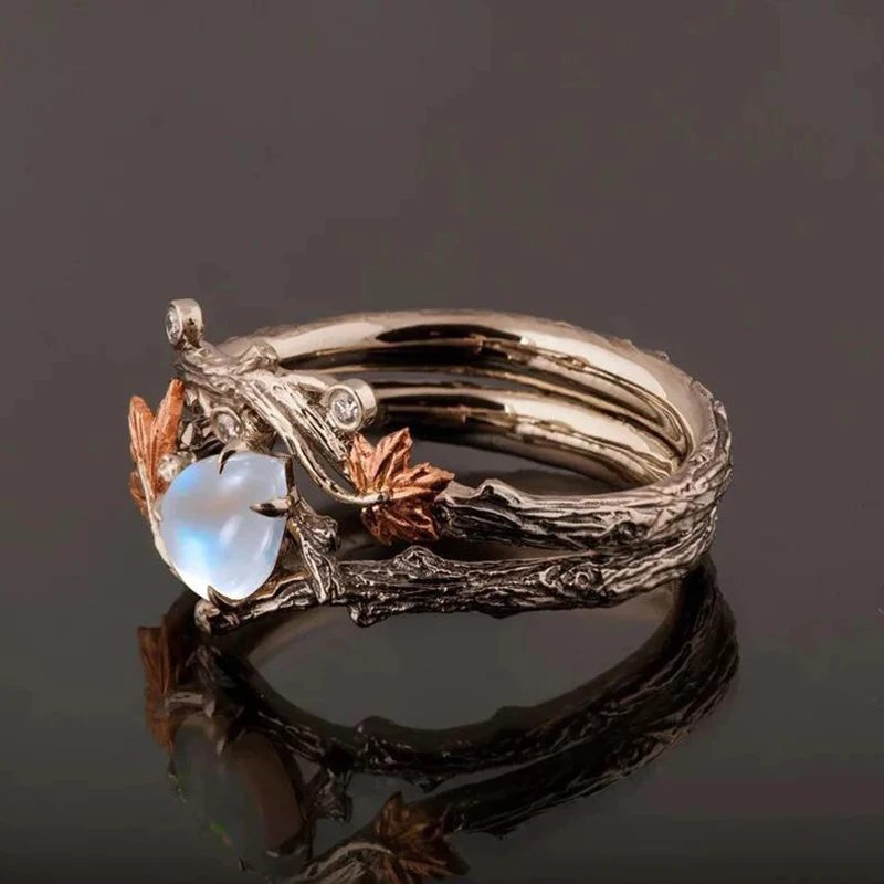 Vintage Antique Gold Twig Maple Leaf Moonstone Ring For Women Girls Light Luxury Ring Jewelry Accessories Anniversary Gifts