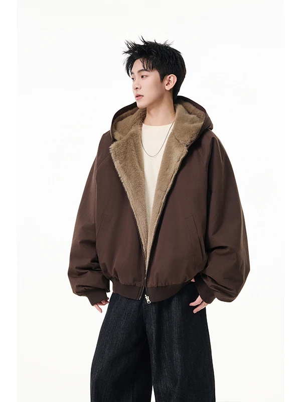 

Модная двусторонняя одежда из хлопка с кроличьим мехом для мужчин, зимняя теплая винтажная универсальная верхняя одежда с капюшоном для пар, длинная свеча Z...
