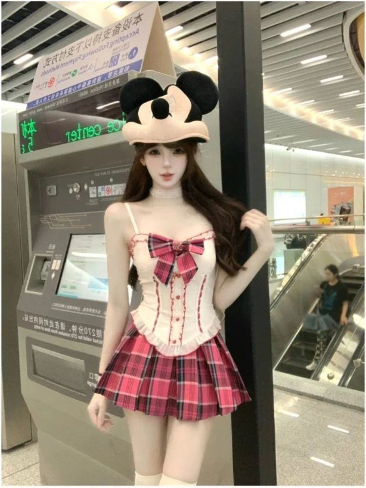

Y2k Sweet Bow Patchwork Camisole Vest for Women+ High Waist Plaid A-line Pleated Skirts 2025 Summer New Two Piece Sets