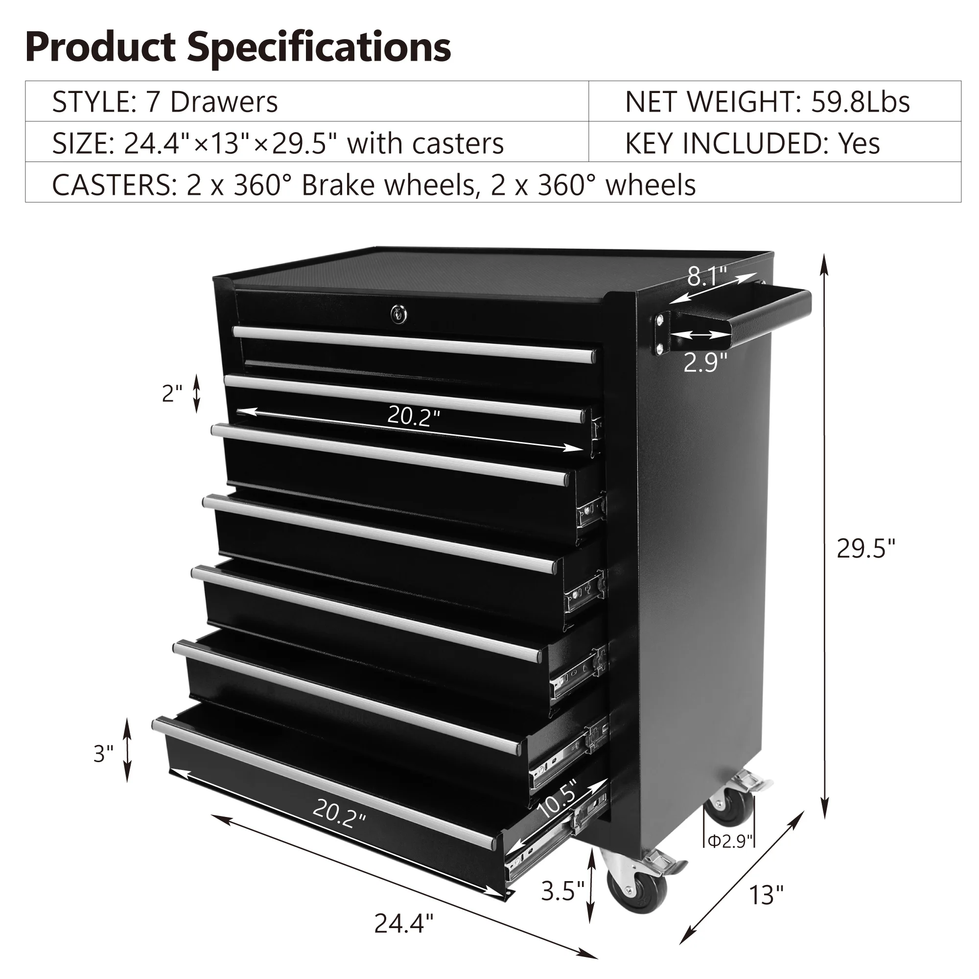 Tool Cart With Drawers,7 Drawers Locking Rolling Tool Chest with Wheels,Mechanic Tool Cabinets for Garage,Large Black Tool Box