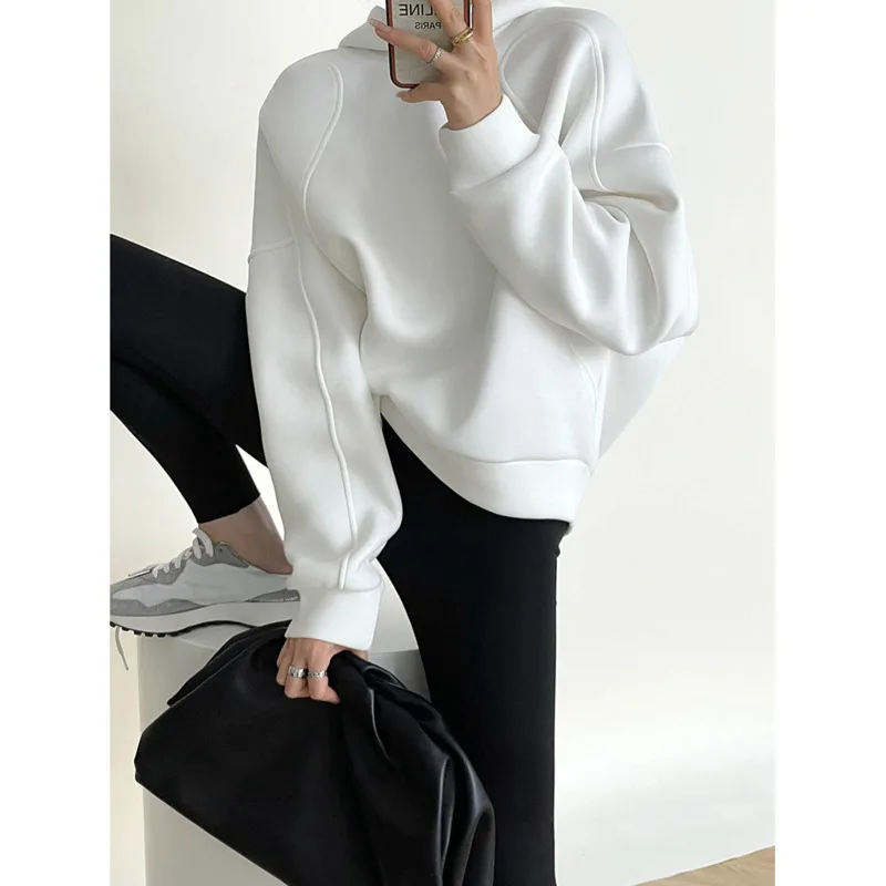 Line Design Women Hoodies Autumn Streetwear Batwing Sleeve Loose Solid Color Sweatshirts Pullovers Fashion Tops