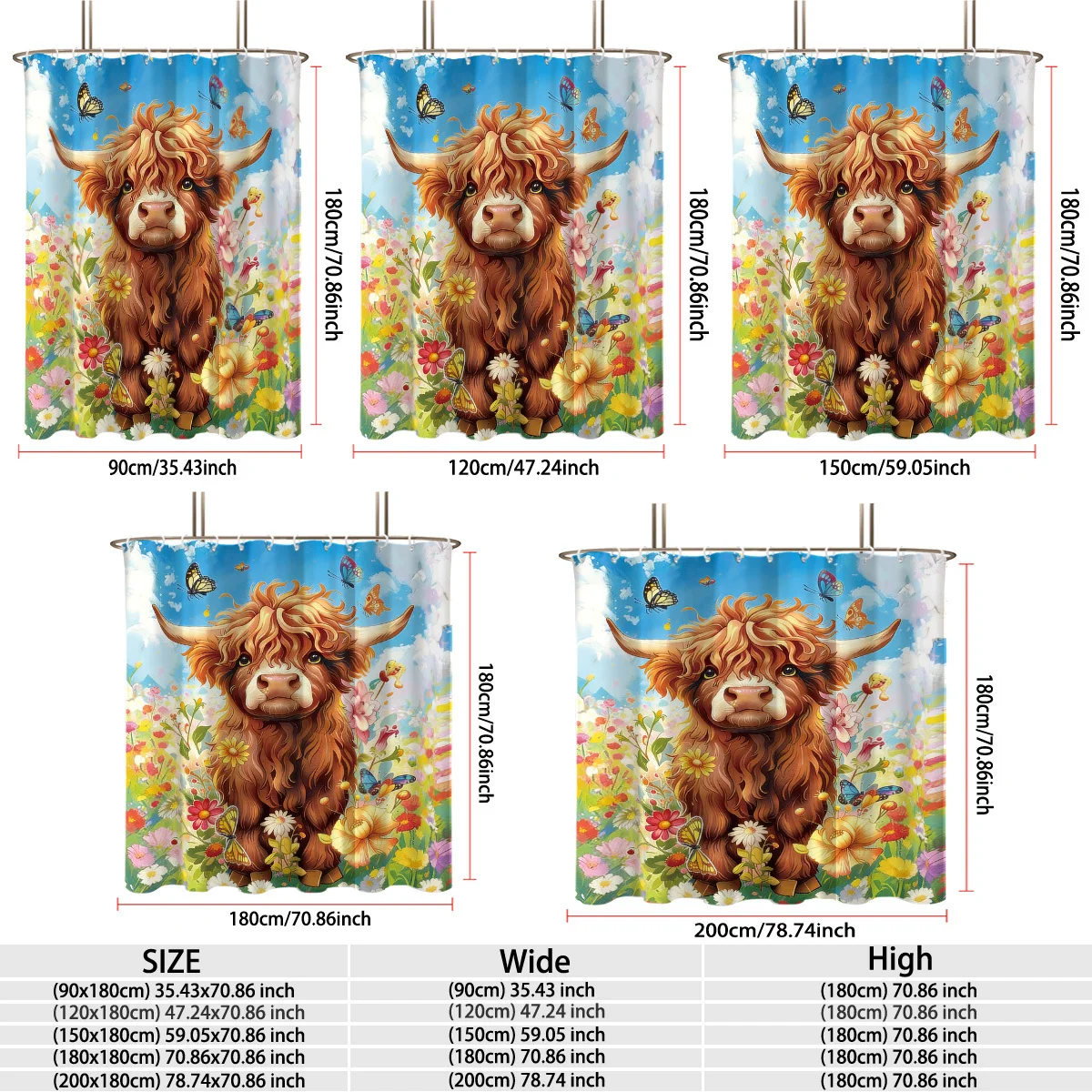 Cheerful Spring Garden Scene Fluffy Highland Calf Surrounded By Vibrant Blossoms & Flying  Under Sunny Blue Sky Bath curtain