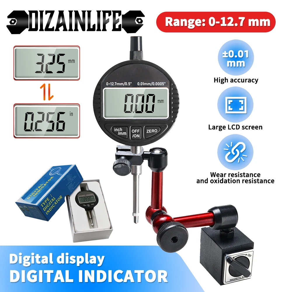 Digital Dial Indicator 0-12.7mm/0.5\'\' 0.01mm with Mini Magnetic Base Holder Adjustable Universal Gauge Caliper Measuring Tools