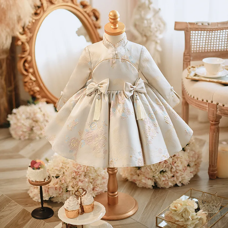 Vestido de fiesta de Navidad de estilo chino para niñas, vestidos rojos Kawaii para niños, cena de noche, disfraces de manga larga para niños pequeños, nuevo, moda