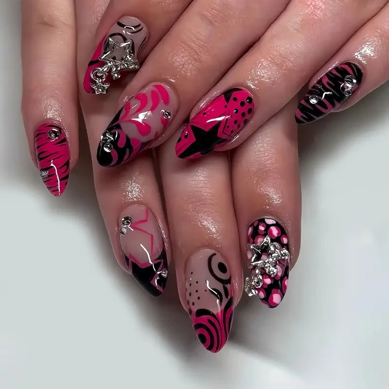 

24pcs Rhinestone Star Design Nails Sets Press on Long Almond Nails Tips Pink Fake Nail Art French Leopard Print Black False Nail