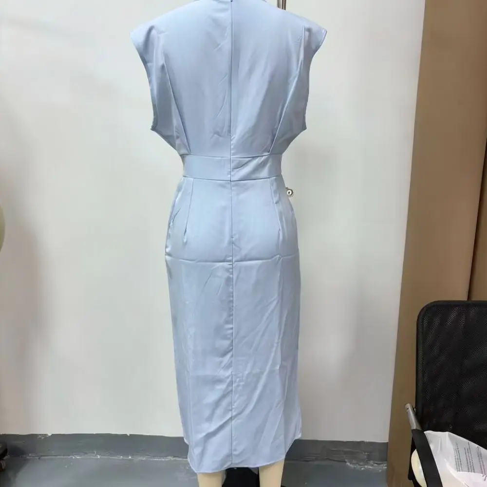 Fashionable Womens Summer Midi Dress Sleeveless O Neck Slim Fit Split Button Elegant Casual Office Work Party Vestidos