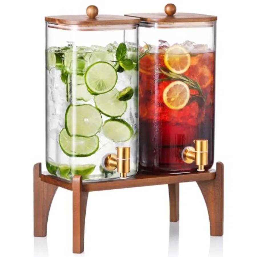 

2 Pack 1.5 Gallon Square Glass Drink Dispenser with Wooden Stand and Lid Large Beverage Dispenser with Stainless Steel Spigot J