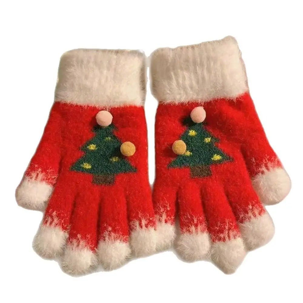 

Thickened Insulation Christmas Tree Gloves Warm Plush Knitted Design Winter Gloves Cold-Proof Elastic Five-finger Gloves