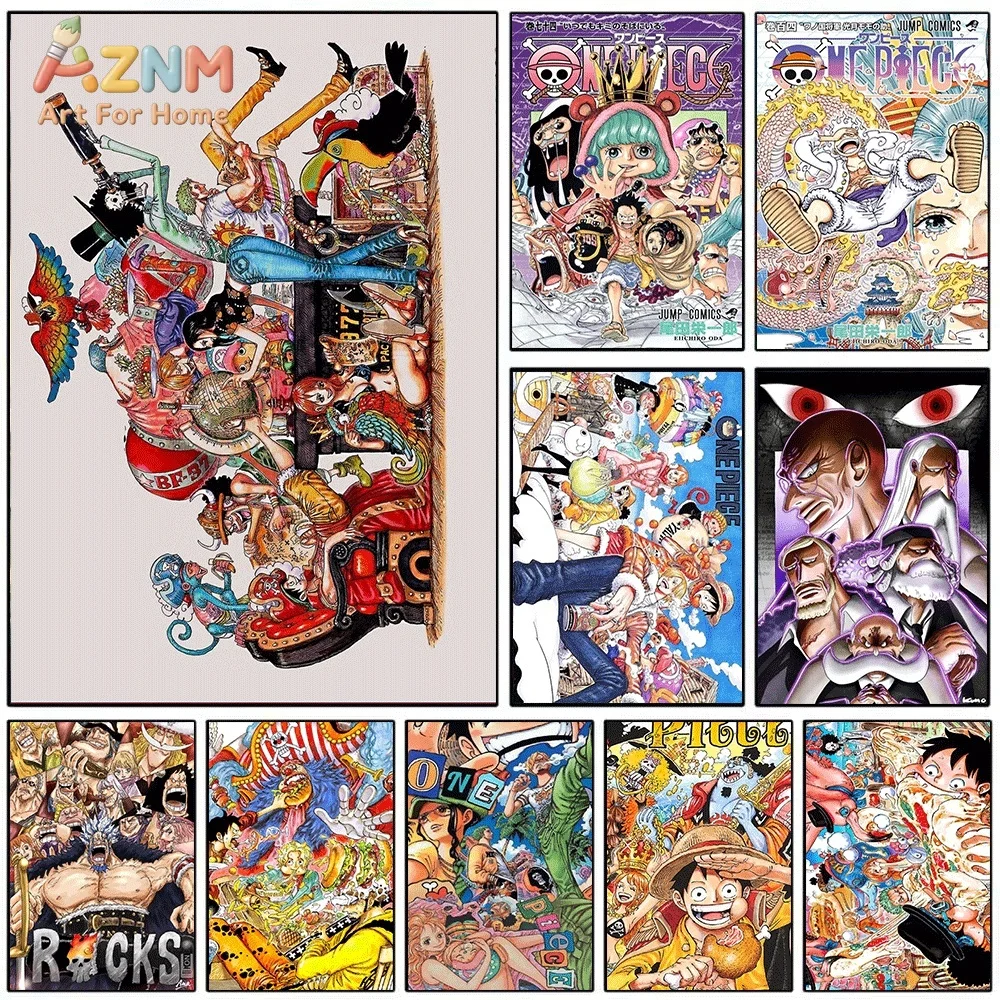 One Piece Anime Canvas Wall Art No Frame Straw Hat Pirates Crew Rocks Five Elders Manga Volume Cover Print Painting Bedroom Li