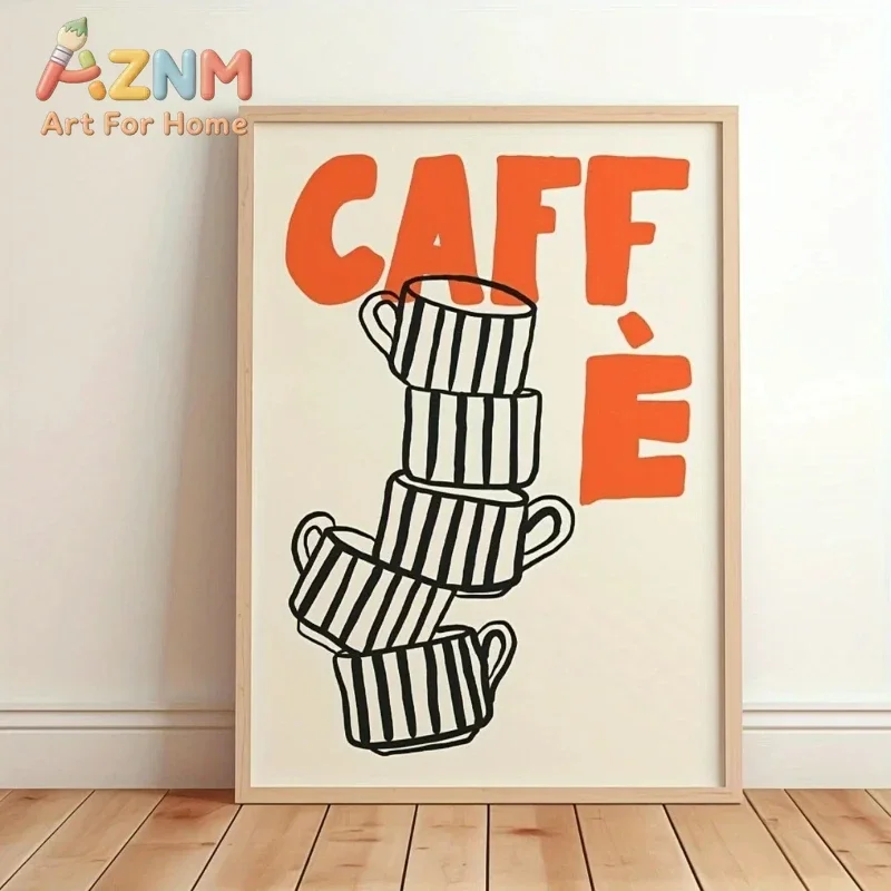 AZNM Retro Caffe Canvas Wall Art Striped Coffee Cup Hand Drawn Print Kitchen Cafe Decor Unframed Canvas Art Print