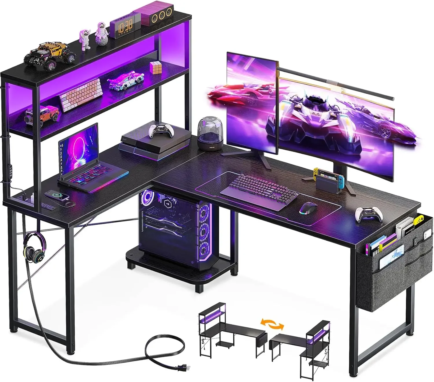 L Shaped Desk Gaming Desk with LED Light & Power Outlet, 53 Inch Reversible L Shaped Computer Desk with Shelf, Corner