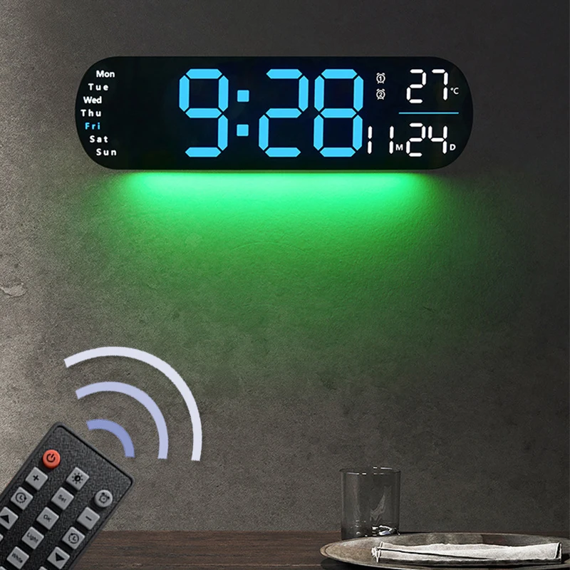 LED Digital Wall Clock Adjustable Brightness 12/24H System Dual Alarms Electronic Clock with RE Temp Date Time Week Display